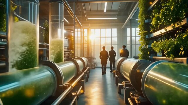 Industrial pipeline corridor with securing clamps and green bacterial bioreactors in a high-tech facility