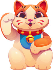 Japanese toy Maneki Neko cat with waving paw, vector cartoon character. Maneki neko lucky cat or Japanese animal toy doll with golden bell on collar for Japan traditional handicraft art