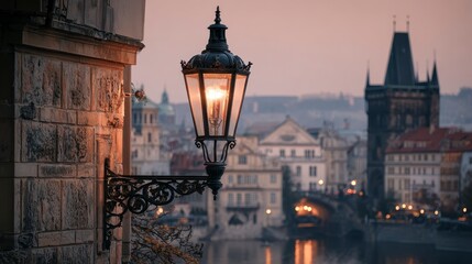 A vintage lamppost illuminates a historic European city at dusk. Buildings, a bridge, and a river are in the background