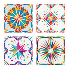 Set of Festive Celebration Patterns with Vibrant Colorful Starbursts, Abstract Geometric Fireworks, and Symmetrical Kaleidoscope Mandala Illustrations