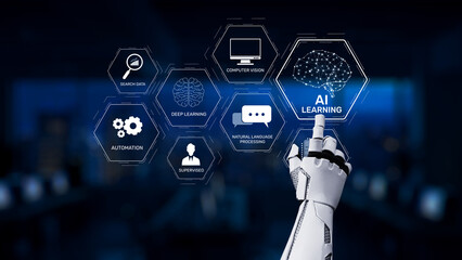 A robotic hand interacts with a digital interface showcasing concepts such as AI learning, automation, deep learning, and computer vision in a futuristic tech environment. Synapse