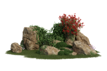 Rocky landscape with red flowers in vibrant natural lighting on green grass for outdoor decor