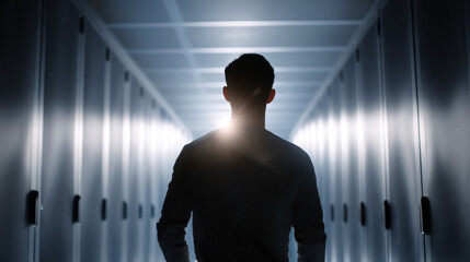 Cybersecurity data center corridor silhouette male technology network security server hallway digital infrastructure backlit glowing protection monitoring professional futuristic information