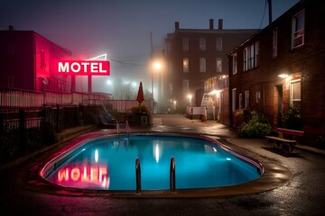 Moody nighttime motel scene with illuminated pool and neon sign
