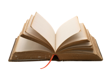 Open book with red bookmark in vintage style with warm soft lighting on white background for education