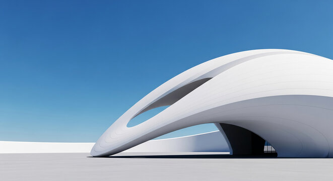 White architectural structure against blue sky, showcasing curved lines and smooth surfaces, representing modern design, elegance, and futuristic architecture, ideal for a building showcase - Powered by Adobe