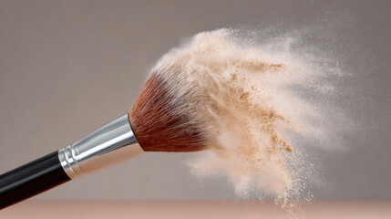 Makeup brush powder burst cloud detail cosmetic brush makeup powder beige powder powder explosion beauty tool soft bristle loose powder product closeup motion freeze Makeup brush powder burst