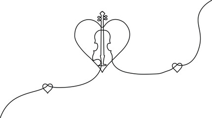 Minimalist one-line drawing of a violin integrated with heart shapes, representing love for music in a clean, modern aesthetic.