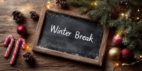 A cozy holiday still life with a chalkboard reading &ldquo;Winter Break,&rdquo; surrounded by festive lights and ornaments, symbolizing rest, warmth, and seasonal joy.