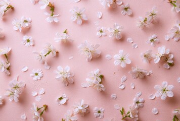 White Cherry Blossoms on Pink Marble Surface with Petals for Elegant Spring Floral Background Design


