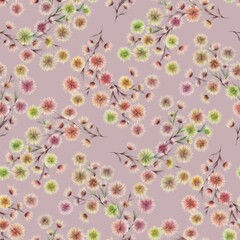 Floral pattern with pastel spiky flowers and brown stems on mauve background. Soft colors and organic layout create gentle, elegant texture for textile, wallpaper, decor, design © Anzelika