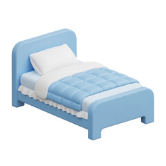 A small blue bed with a white pillow and comforter on transparent background