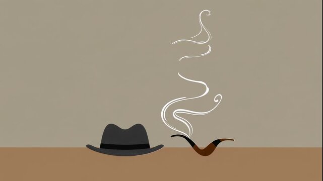 A minimalist illustration of a black hat and a pipe with smoke rising from it on a brown surface
