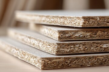 Close-up of stacked particle board sheets in carpentry workshop