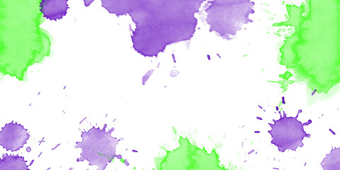 Obraz premium Vibrant green and purple watercolor splatters abstract background Dynamic paint splashes artistic texture for creative