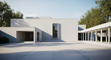 Modern house exterior showcase, featuring a minimalist design, light-grey walls, and ample courtyard space, symbolizing simplicity, elegance, and serenity