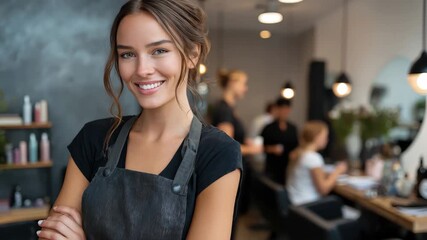 Smiling small beauty salon owner stands confidently in her stylish salon filled with customers receiving hair and beauty treatments in a modern setting