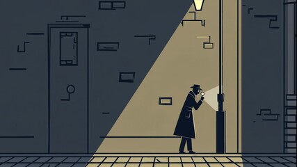 A cartoon detective stands in a dark alleyway, looking at a piece of paper by the light of a beam shining down from above in this video.
