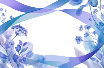 Watercolor Floral Border with Blue and Purple Flowers and Ribbons for Elegant Invitation Design


