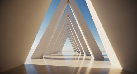 Abstract image of a minimalist architectural structure with triangular pillars creating a pathway, showcasing clean lines and bright light symbolizing openness, modernity, and future design
