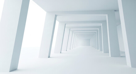 Naklejka premium Abstract image of a white hallway with receding columns, creating a sense of depth and minimalist design, ideal for architecture or background use