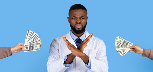 A healthcare professional stands against a blue background, confidently refusing money offered from both sides. His gesture signifies a strong stance on ethical practices in medicine and patient care.