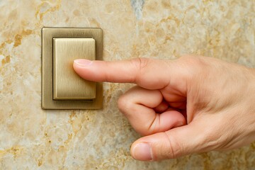 Hand pressing light switch on marble wall surface for home illumination