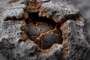 Close-up of cracked lava rock with glowing molten core and rugged texture