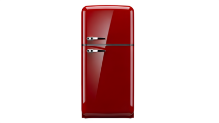 Vintage style red refrigerator with sleek design and black handles