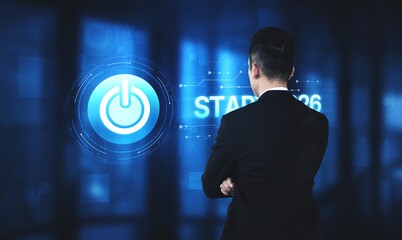 Start 2025 concept with futuristic power button symbolizing fresh beginnings, innovation, and digital transformation. Start 2025, new goals, and start 2025 initiative. Spline