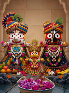 Jagannath balabhadra and subhadra idols with offerings of flowers and fruits for rath yatra festival celebration and hindu religious worship