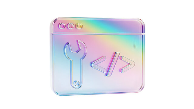 Holographic coding symbol with wrench and code brackets on black