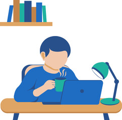 Remote work with coffee illustration. Flat vector illustration of a person working with a laptop and coffee cup