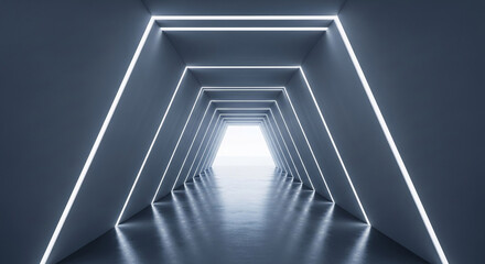 Abstract image of a futuristic gray tunnel with bright white neon lights, creating a sense of depth and perspective, showcasing modern architecture and design, ideal for tech or science concepts