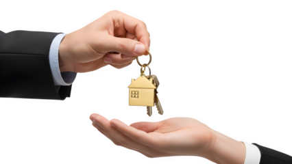 Hands exchanging house keys on black background, symbolizing property transfer
