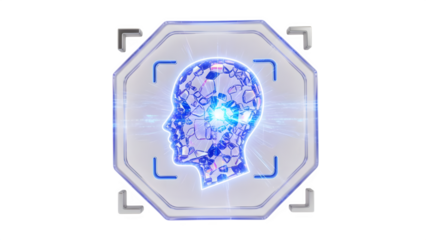 Futuristic glowing blue head in octagonal frame with camera view