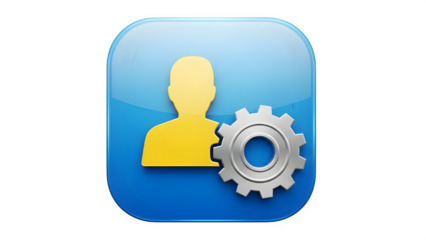 Settings icon with user profile and gear on blue background