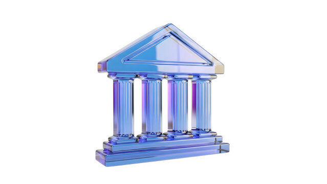 Shining blue bank building with columns on black background