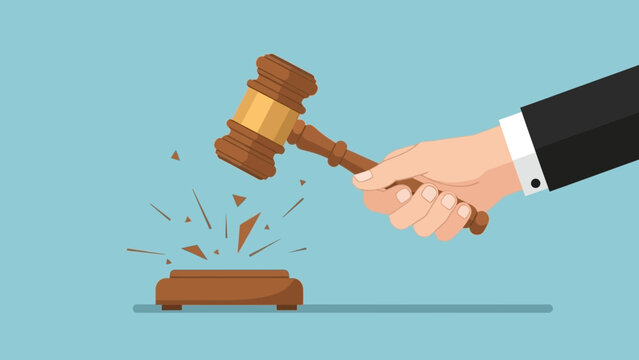 A hand holding a gavel about to strike a wooden block on a flat surface