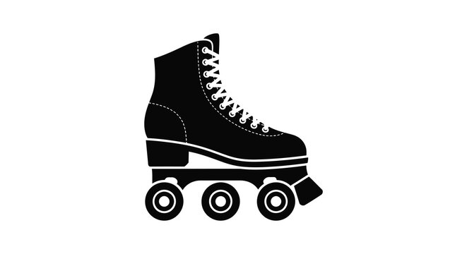 A simple black and white illustration depicts a single roller skate showcasing its classic design