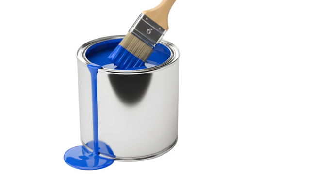 Vibrant blue paint can with brush on black background for creative projects - Powered by Adobe