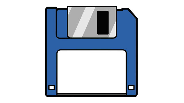 A blue floppy disk with a label area is depicted in a simple illustration style