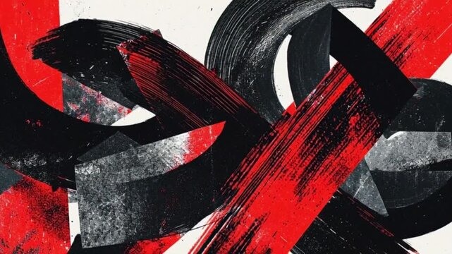 Dynamic, large-scale Japanese Shodo ink brush strokes combined with the sharp, mechanical geometric shapes of Russian Futurism in a palette of deep black, scarlet red, and metallic silver.