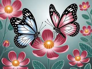 A beautiful illustration featuring two colorful butterflies resting on a bright pink flower