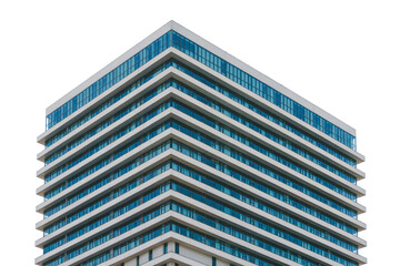 Modern office building with blue tinted windows in sleek architectural design with low angle shot for real estate marketing