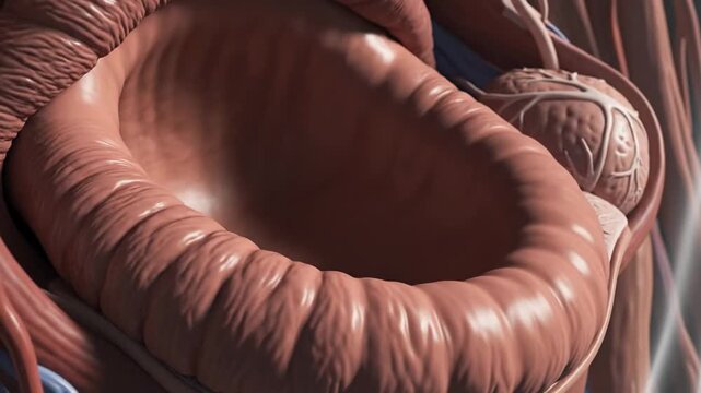 Close-up 3D animation of the human digestive tract and sphincter