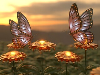 Two vibrant blue butterflies perch on glowing fantasy flowers during a beautiful sunset