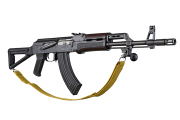 AK-47 rifle in tactical stance with brown sling in studio lighting for military advertising