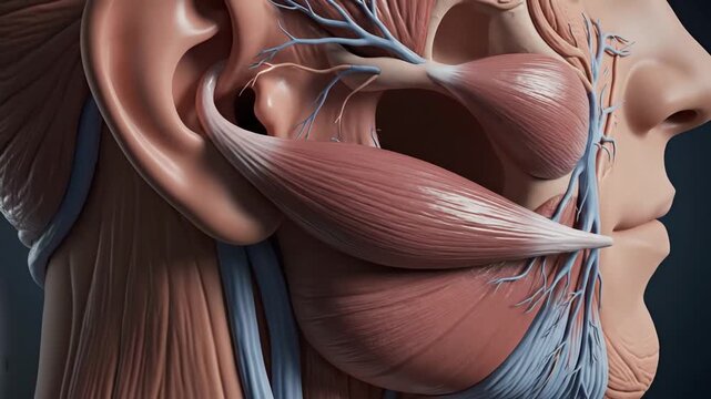 Close-up Cinematic Orbit of Human Tensor Velia Muscle Anatomy with Blood Vessels