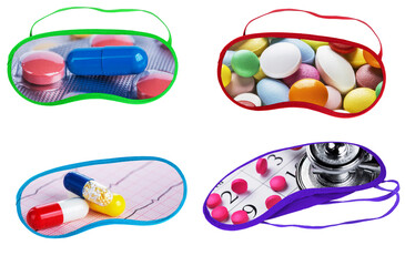 Sleep masks, sleeping pills and sedative tablets.